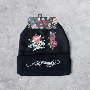 Ed Hardy Black Beanie with Skull and Rose Design 2 pack
